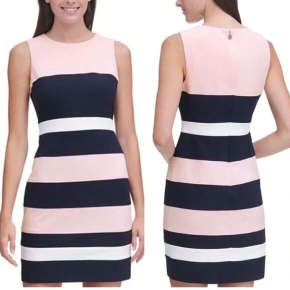 Tommy Hilfiger Pink Black White Striped Colorblock Sleeveless Mini Sheath Dresss - Picture 1 of 10